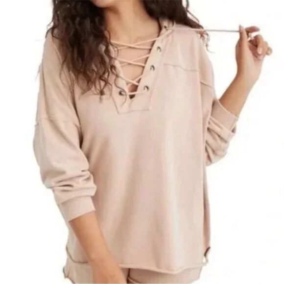 AERIE | Lace Up Front Tan Hooded Sweatshirt Oversized Women’s Size Small - Picture 9 of 9